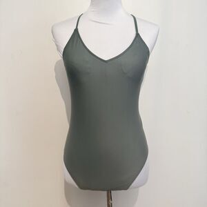 Aerie Shine Rib Strappy Scoop Full Coverage One Piece Green Swimsuit Medium